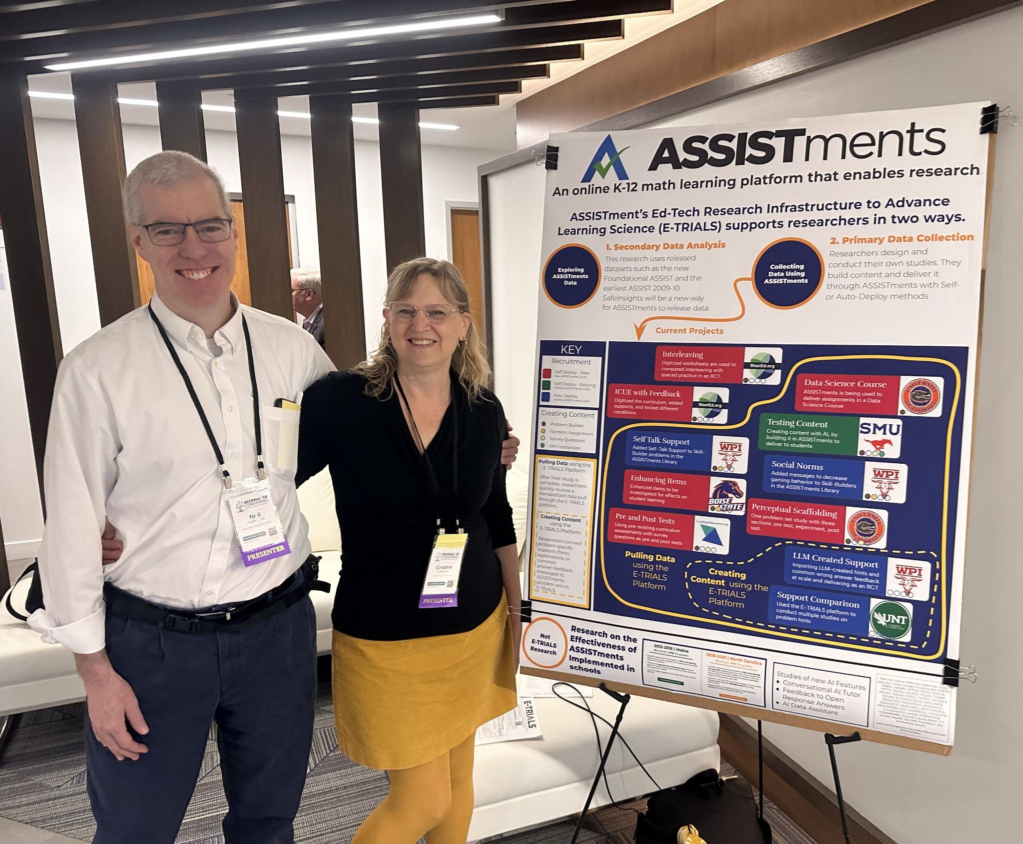 A man and woman standing next to a research poster