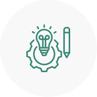 Light bulb and pencil icon inside a gear, symbolizing creativity and innovation. The teal design is set on a white circular background, conveying a modern tone.