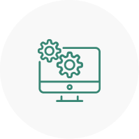 Computer monitor icon with two overlapping gears, symbolizing software development or system settings, set against a white circular background.