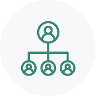 Icon of a hierarchical structure with a person at the top connected by lines to three smaller people below, symbolizing organizational leadership.