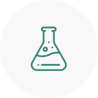 An icon of a laboratory flask with liquid and bubbles, symbolizing science or chemistry. The design is minimalist with green lines on a white circular background.