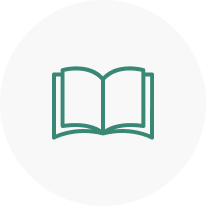 Open book icon in green outline on a white circular background. The design is simple and minimalistic, symbolizing reading or knowledge.